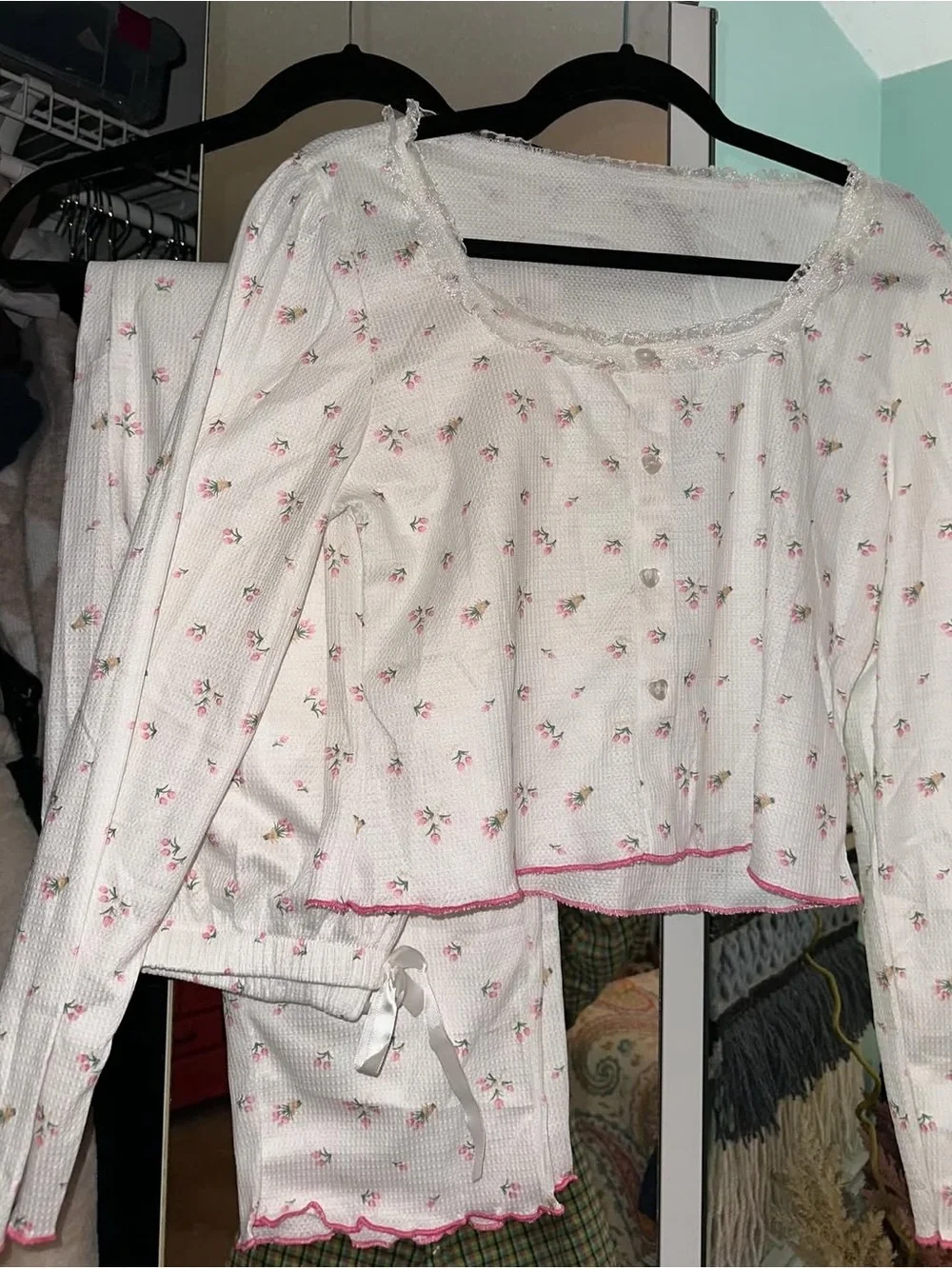 Women's White Floral Thermal Pajama Set with Pink Trim